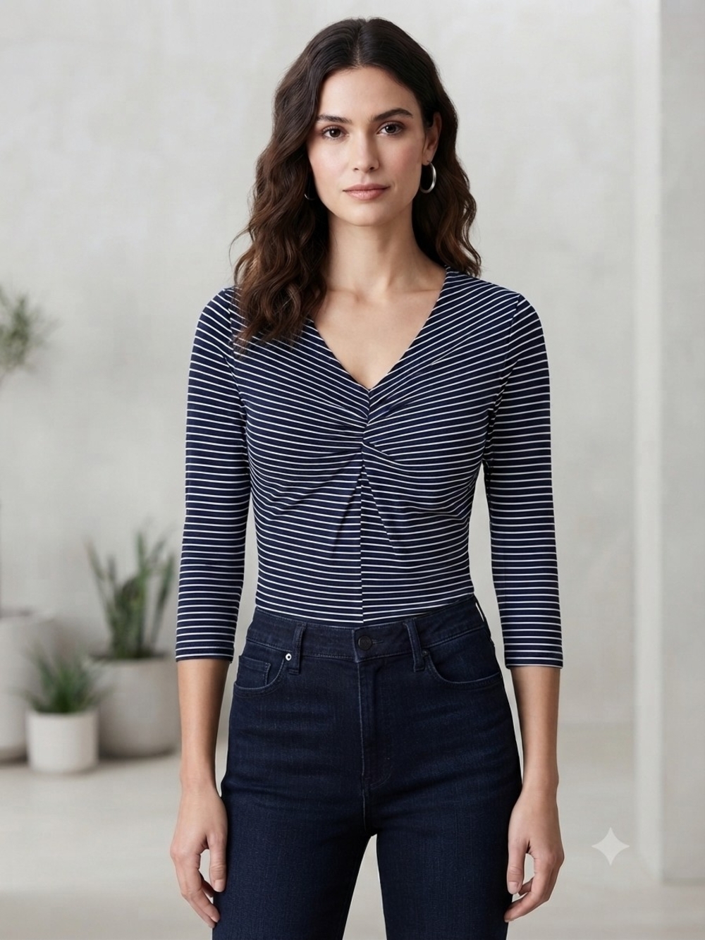 Tahari Striped Navy and White Twist-Front Women's Top